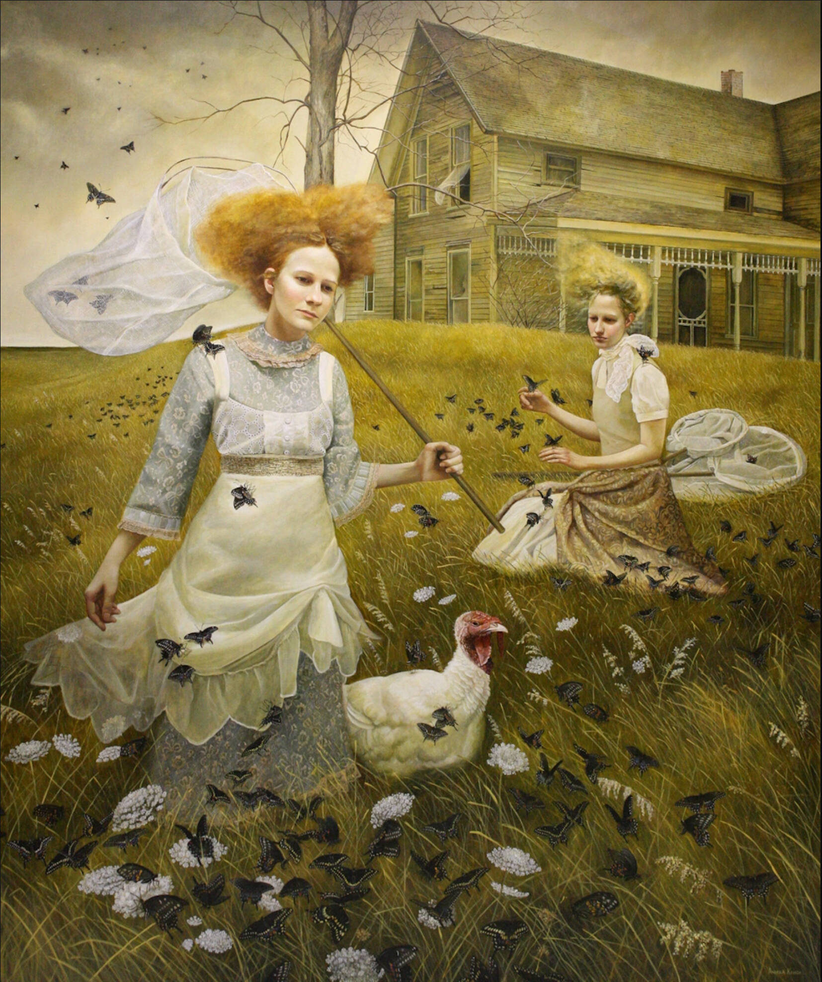 Painting of two women holding nets, surrounded by butterflies. House in background.